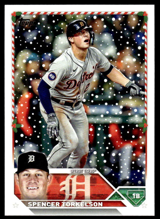 Baseball card of Spencer Torkelson in white uniform for Topps Holiday H108