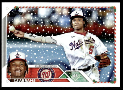 Baseball card of H11 CJ Abrams in white uniform for Topps Holiday series