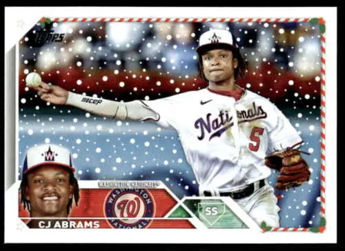 Baseball card showing H11 CJ Abrams in white uniform for 2023 Topps Holiday collection