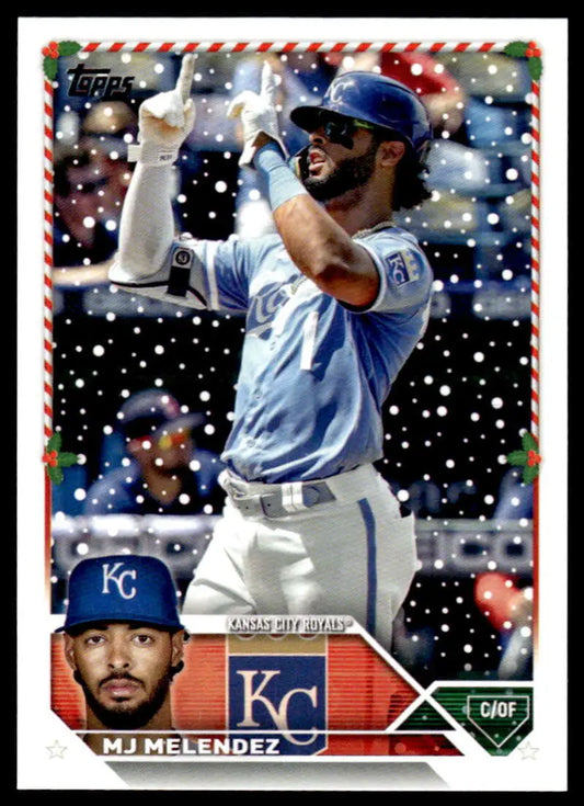 Kansas City Royals player MJ Melendez batting on a 2023 Topps Holiday baseball card