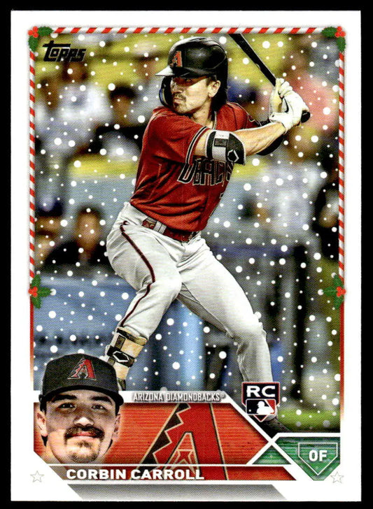 Corbin Carroll Arizona Diamondbacks Baseball Card with Topps Holiday design in batting stance