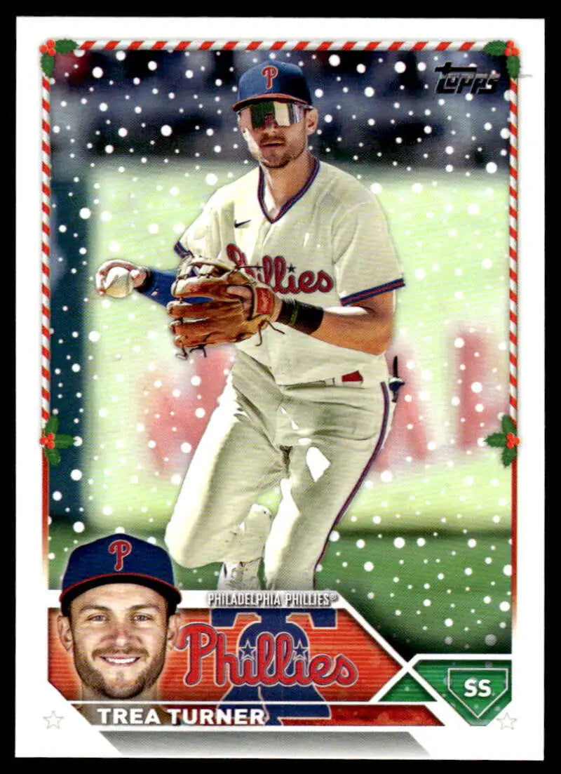 Baseball card of Trea Turner in white uniform for Topps Holiday Philadelphia Phillies