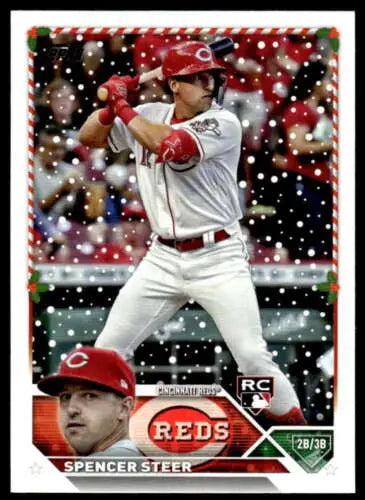 Spencer Steer baseball card featuring original gloss from 2023 Topps Holiday H125 Mint RC Rookie