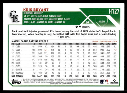 Kris Bryant baseball card from 2023 Topps Holiday #H127 features career stats