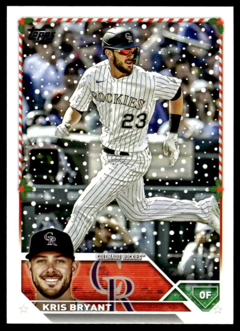 Kris Bryant running in snow on 2023 Topps Holiday H127 baseball card for Colorado Rockies