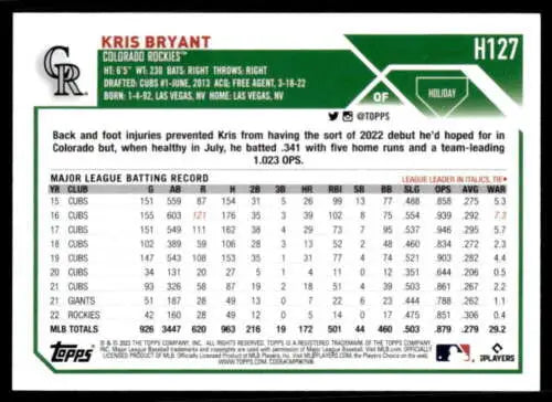 Kris Bryant baseball card from 2023 Topps Holiday H127 in Near Mint condition