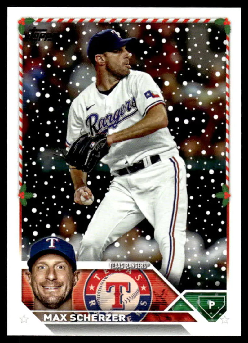 Max Scherzer Texas Rangers pitcher card in white uniform from Topps Holiday 2023