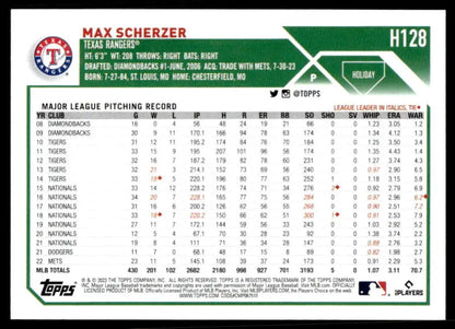 Max Scherzer pitching stats on 2023 Topps Holiday Texas Rangers Baseball Card