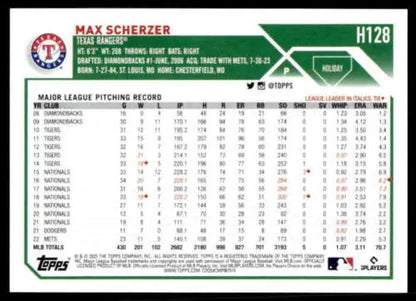 2023 Topps Holiday H128 Max Scherzer baseball card with original gloss, Near Mint condition