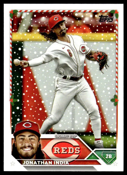 Baseball card of Jonathan India in white uniform for Cincinnati Reds Topps Holiday collection