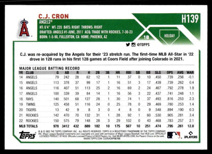 2023 Topps Holiday C.J. Cron baseball card showcasing Los Angeles Angels statistics