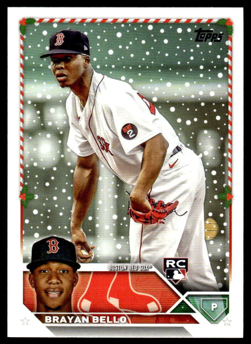 Boston Red Sox pitcher Brayan Bello baseball card with snow effect for 2023 Topps Holiday