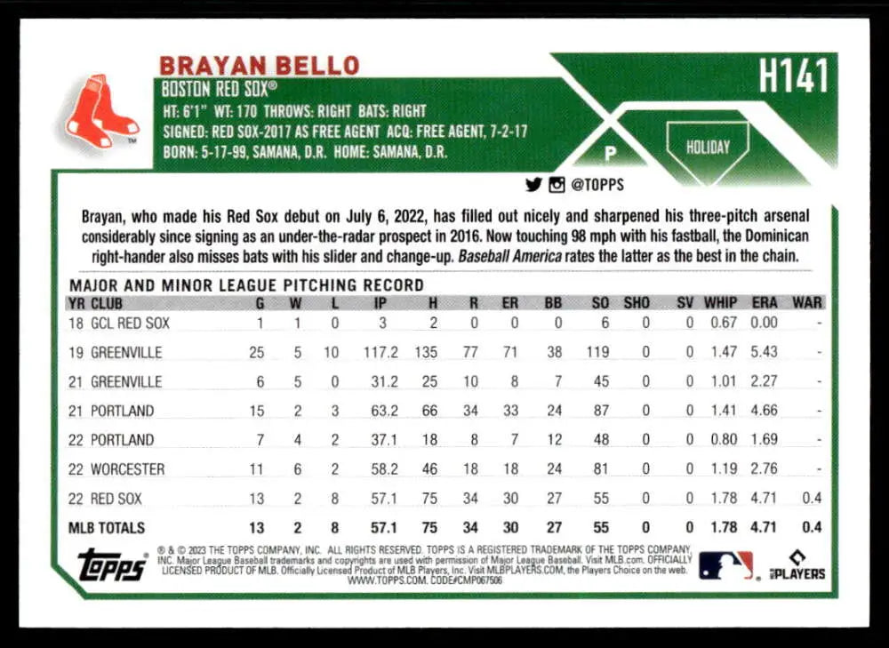 Baseball card of Brayan Bello featuring statistics for the Boston Red Sox