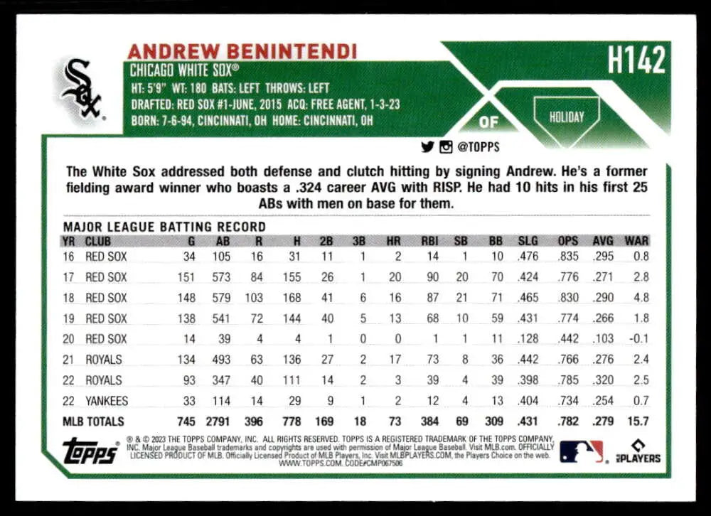 Chicago White Sox Andrew Benintendi baseball card with career batting statistics