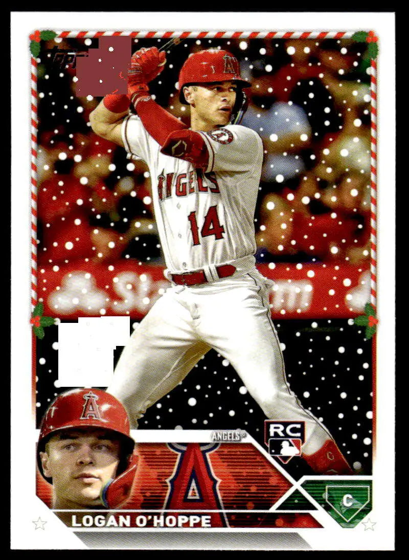 Angels player in batting stance on 2023 Topps Holiday baseball card with snowy border