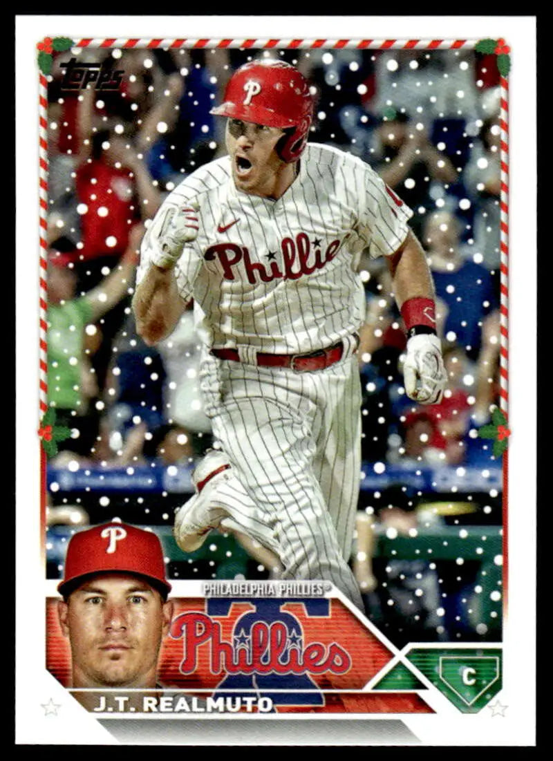 Philadelphia Phillies baseball card featuring J.T. Realmuto celebrating in snow