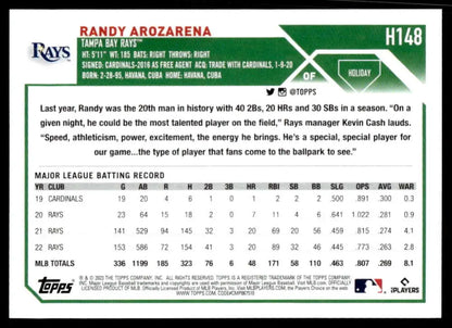 Baseball card featuring Randy Arozarena’s stats for Tampa Bay Rays 2023 Topps Holiday