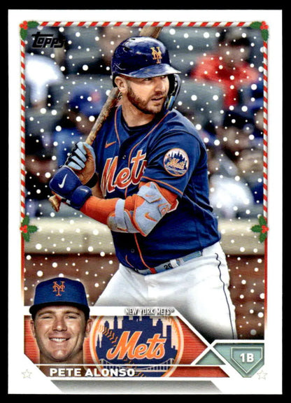 Pete Alonso New York Mets Topps Holiday baseball card with snow effect overlay