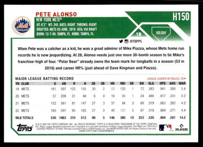 Pete Alonso MLB batting statistics on 2023 Topps Holiday New York Mets Baseball Card