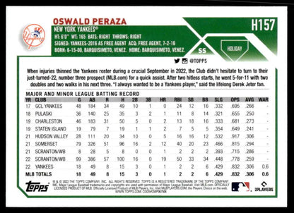 2023 Topps Holiday H157 Oswald Peraza Baseball Card with player stats and game info