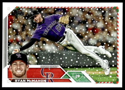 Ryan McMahon diving in Colorado Rockies uniform on 2023 Topps Holiday baseball card