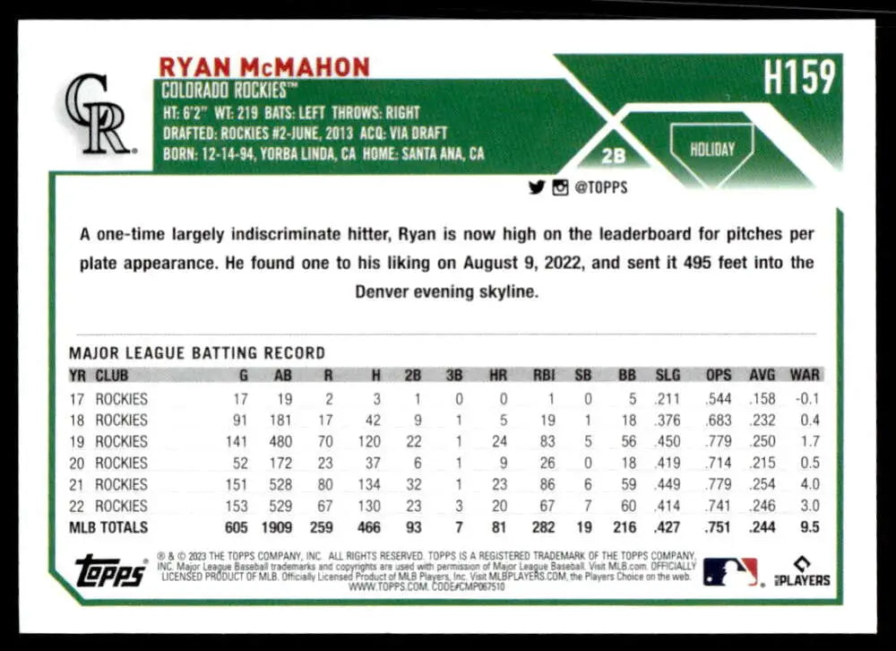 Ryan McMahon Baseball Card showcasing MLB stats for Colorado Rockies fan collection