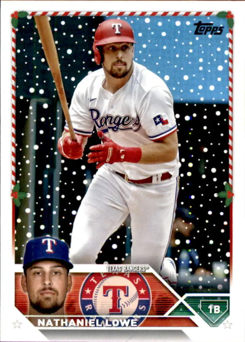 Baseball card of Nathaniel Lowe in Texas Rangers uniform with snowy background