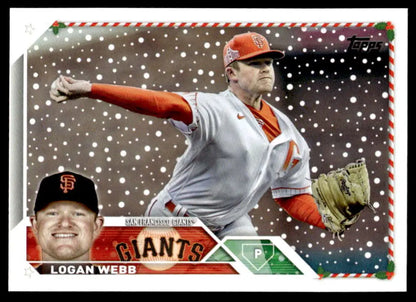 Logan Webb in mid-throw on 2023 Topps Holiday San Francisco Giants baseball card