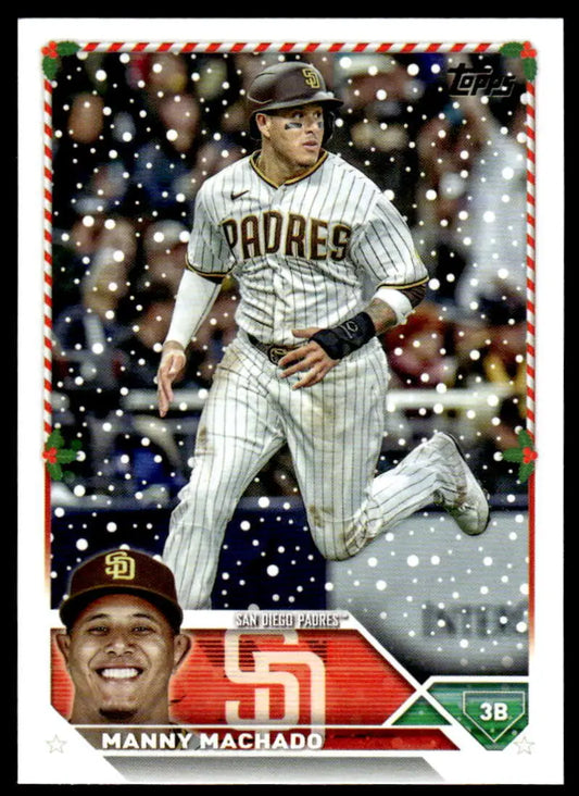 San Diego Padres Manny Machado baseball card with pinstripe uniform and candy cane border