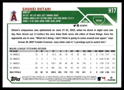 Shohei Ohtani pitching statistics on 2023 Topps Holiday Los Angeles Angels Baseball Card