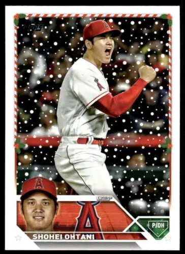 Baseball card of H17 Shohei Ohtani celebrating in snowy game, Topps Holiday original gloss