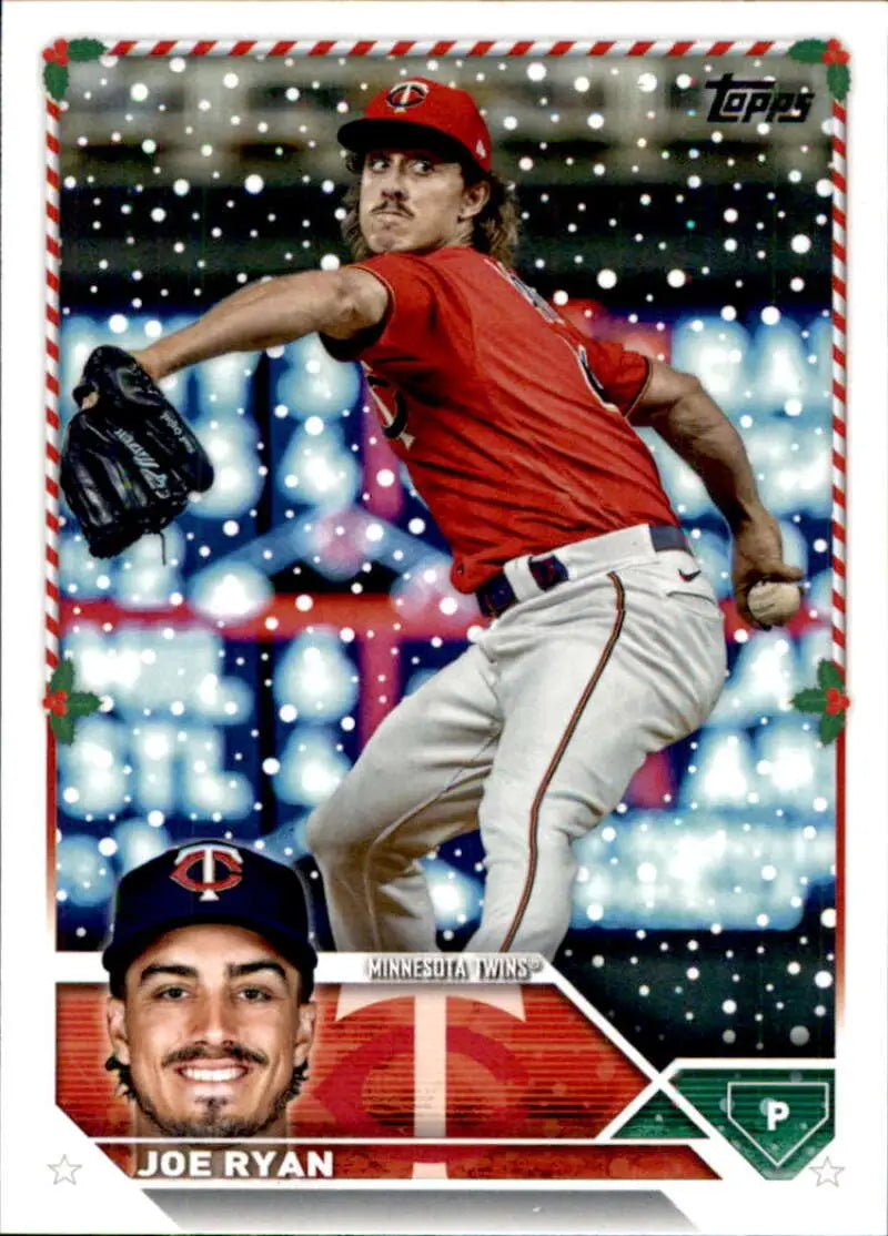 Joe Ryan Minnesota Twins pitcher mid-throw in 2023 Topps Holiday Baseball Card