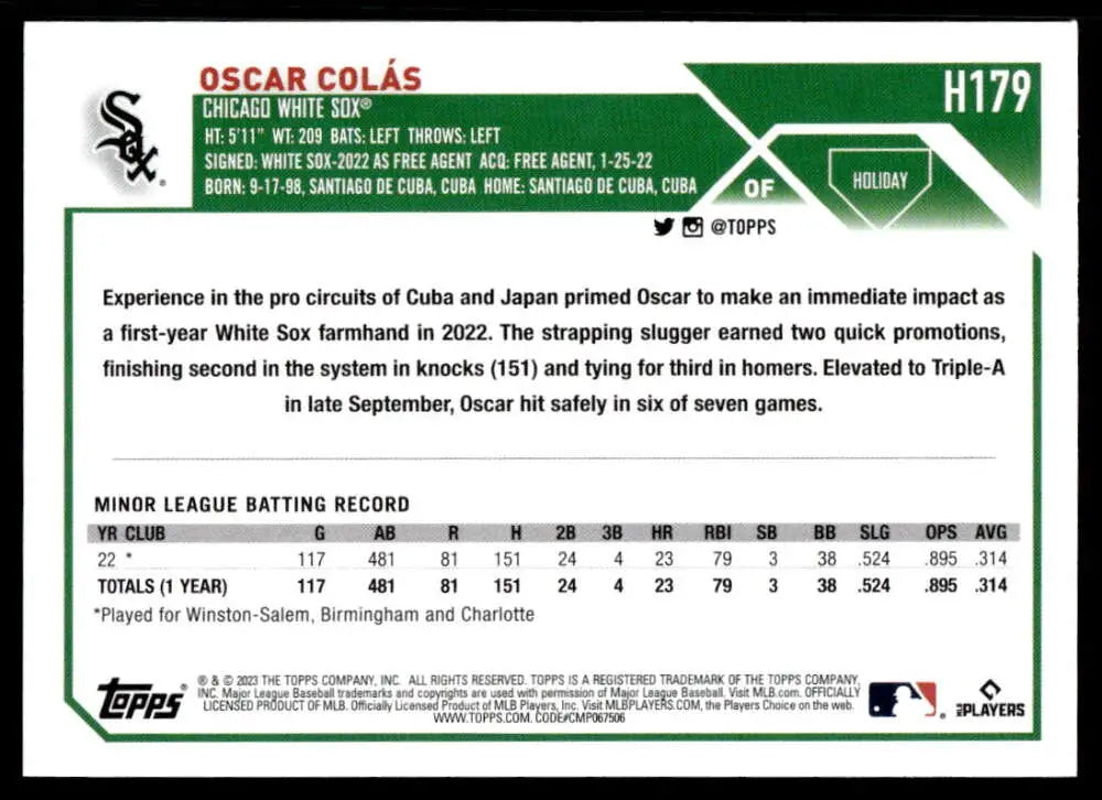 2023 Topps Holiday Oscar Colas Rookie Card featuring Chicago White Sox stats and info