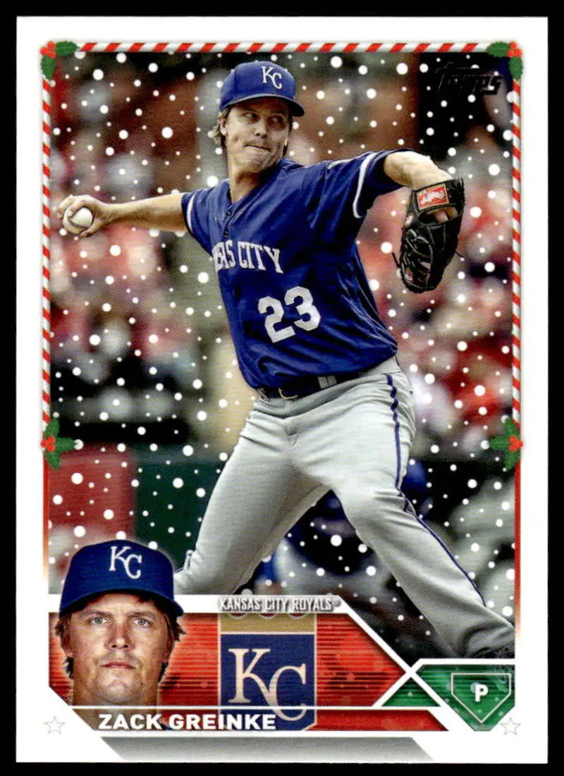 Baseball card of Zack Greinke pitching for Kansas City Royals, 2023 Topps Holiday