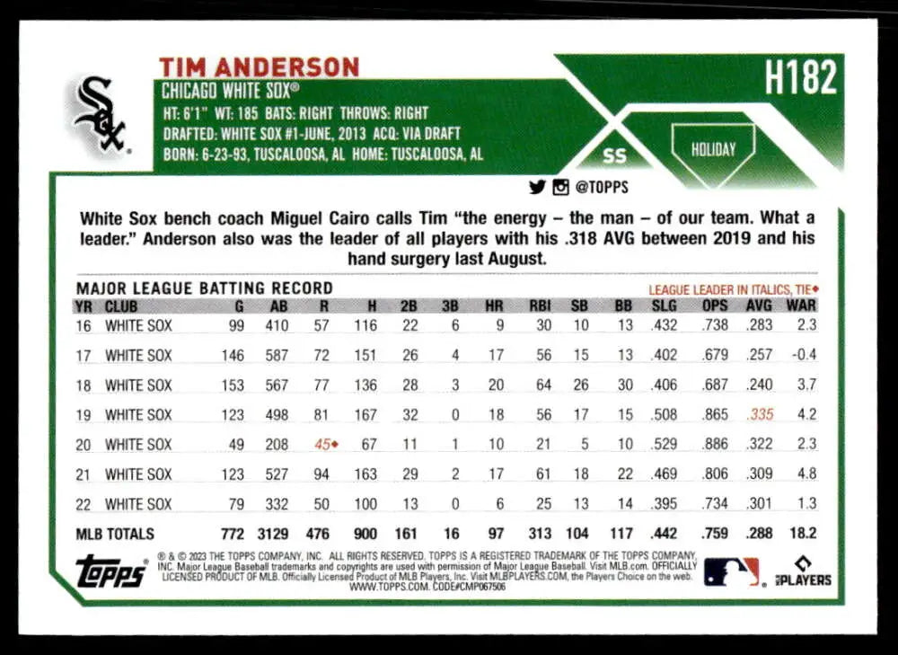 Tim Anderson Chicago White Sox baseball card showcasing MLB batting statistics