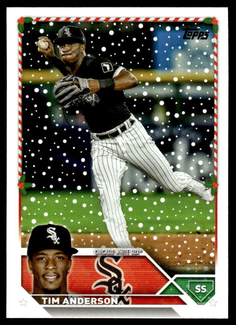 Tim Anderson throwing in pinstriped uniform on 2023 Topps Holiday Chicago White Sox card