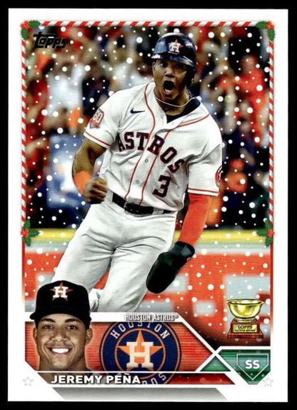 Jeremy Pena celebrates on Houston Astros baseball card with snowy effect overlay