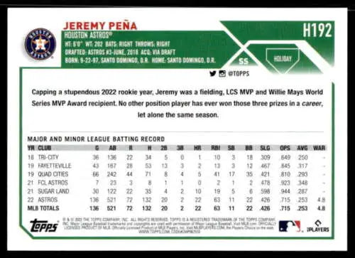 2023 Topps Holiday H192 Jeremy Pena baseball card in original gloss condition