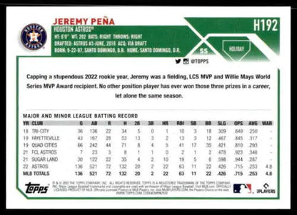 H192 Jeremy Pena 2023 Topps Holiday baseball card in original gloss, Near Mint condition