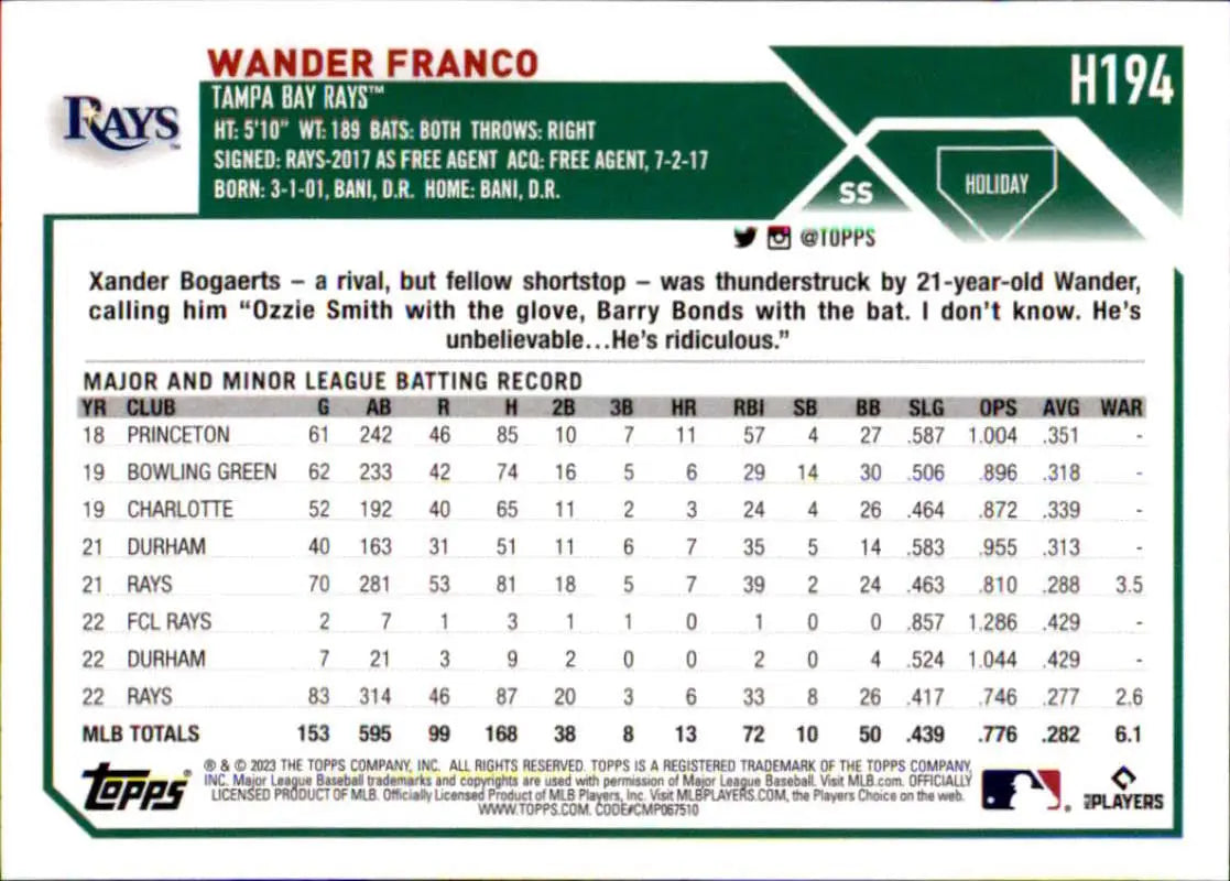 Wander Franco Tampa Bay Rays baseball card featuring career statistics and info