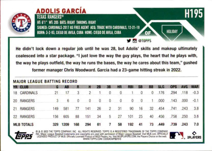 Baseball card featuring Adolis Garcia’s stats for the Texas Rangers Topps Holiday