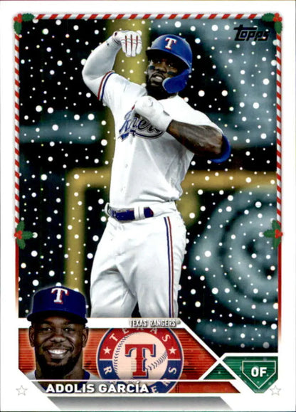 2023 Topps Holiday Adolis Garcia Texas Rangers Baseball Card in white and blue uniform