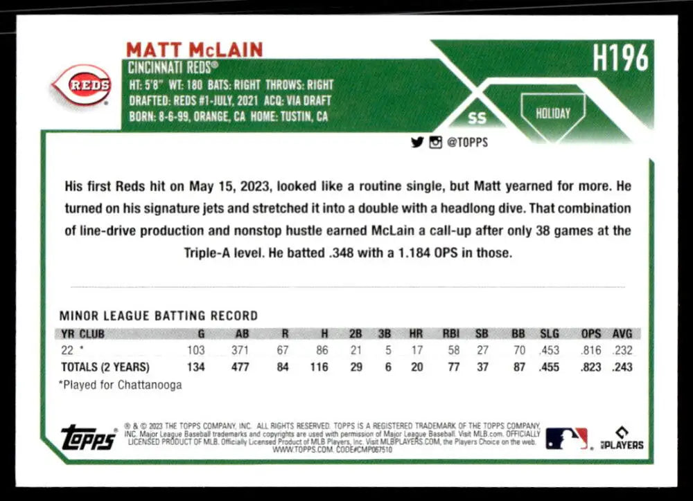 Baseball card of Matt McLain with minor league stats from Topps Holiday 2023