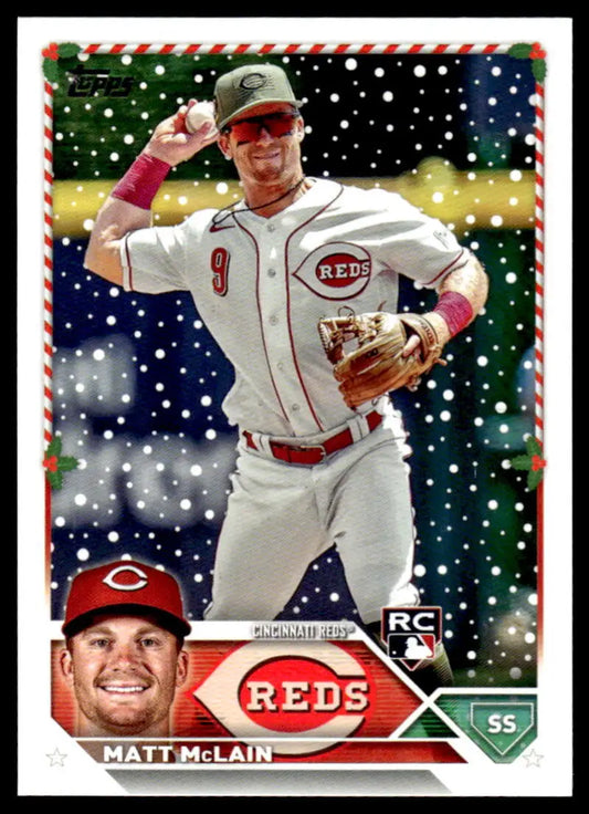 2023 Topps Holiday Baseball Card of Matt McLain in Cincinnati Reds uniform