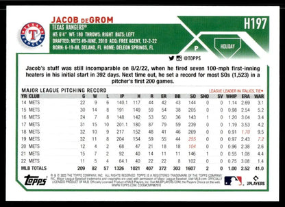 Baseball card of Jacob deGrom with MLB stats and highlights for Texas Rangers H197