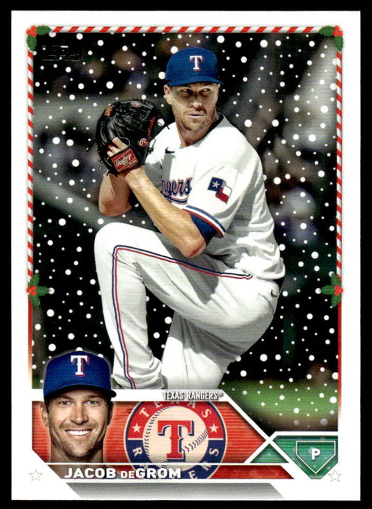 Baseball card of Jacob deGrom in windup for 2023 Topps Holiday H197 Texas Rangers