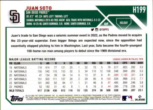 2023 Topps Holiday H199 Juan Soto baseball card with original gloss, Near Mint Padres