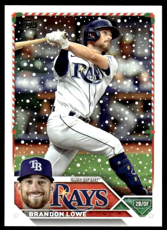 Baseball card of Brandon Lowe in batting stance for Tampa Bay Rays 2023 Topps Holiday