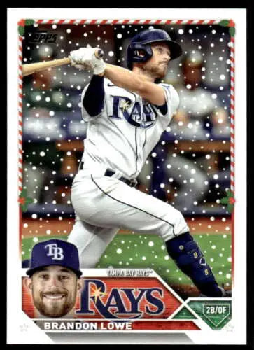 Baseball card of H20 Brandon Lowe in batting stance with snowfall, Topps Holiday original gloss