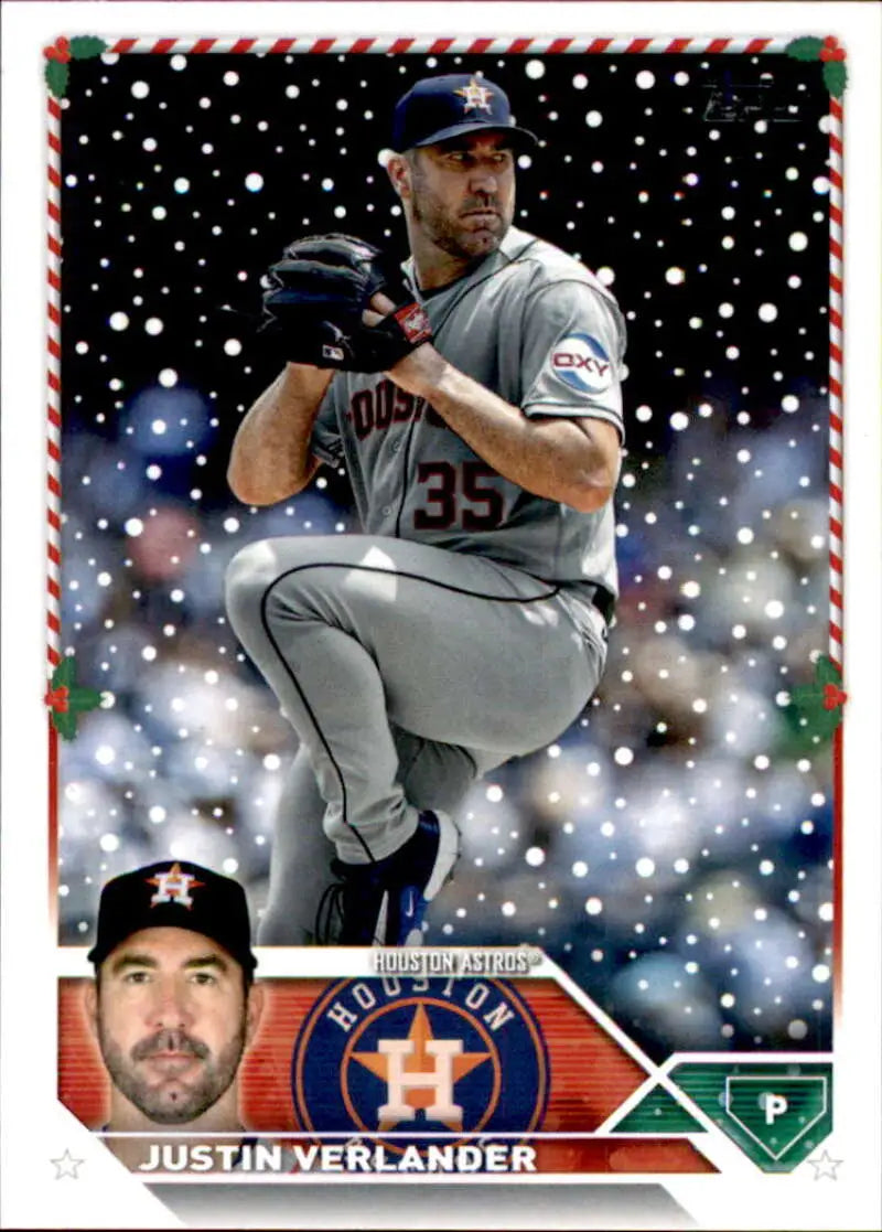 Baseball card of Justin Verlander in gray Houston Astros uniform from Topps Holiday